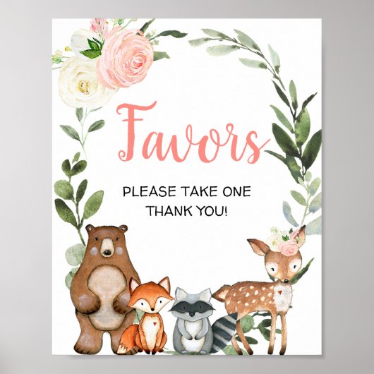 Poster Bois animaux rose verdure fille baby shower (Devant)