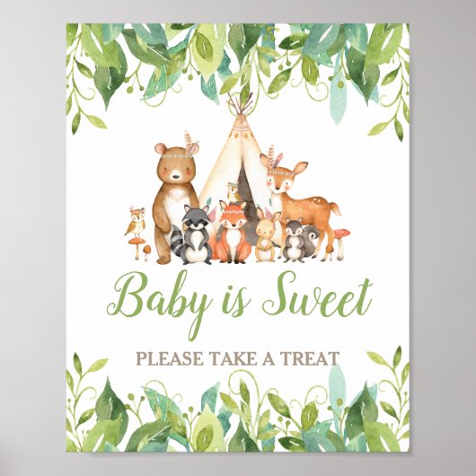Poster Bois Animaux Végétation Baby shower doux Traiteur (Devant)