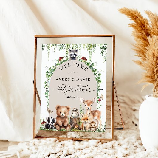 Poster Bois Animaux Végétation Champignons Baby shower