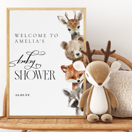 Poster Bois Aquarelle Animaux Baby shower moderne