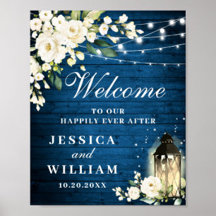 Poster Bois Bleu & Blush Rose Floral Mariage Bienvenue