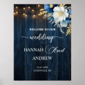 Poster Bois bleu rustique Blanc Floral Mariage Accueil (Devant)