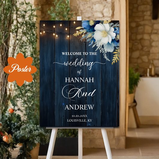 Poster Bois bleu rustique Blanc Floral Mariage Accueil