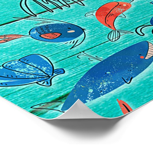 Poster Bois de teinte sarcelle rustique et amis fantaisis (Coin)