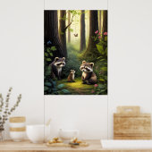 Poster Bois Forêt Animaux Raccoon Famille AI Art (Cuisine)