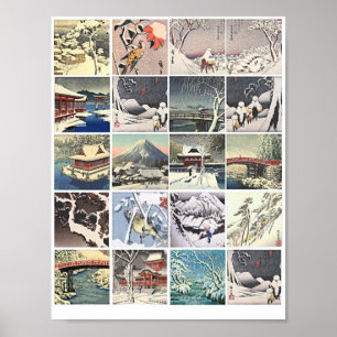Poster bois japonais blocs art peintures neige paysages