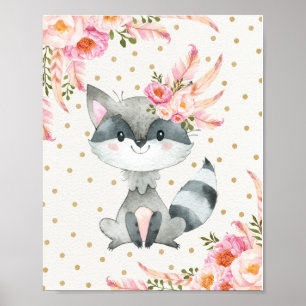 Poster Bois Raccoon Nourriture Art Boho Décor Floral Boho