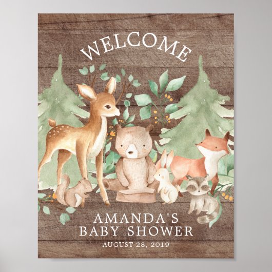 Poster Bois rustique Animaux Baby shower d'accueil (Devant)