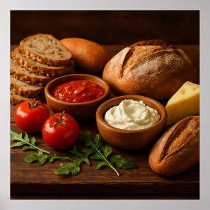 Poster Bois rustique avec fromage artisanal pains