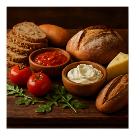 Poster Bois rustique avec fromage artisanal pains (Devant)