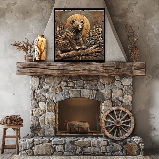 Poster Bois sculpté rustique Ours Pins Réglage Soleil