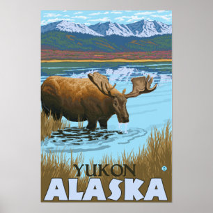 Poster Boisson d'orignal au lac - Yukon, Alaska
