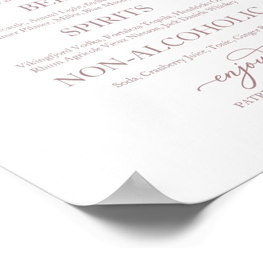 Poster Boissons Bar Rose Gold Script Mariage Signé (Coin)