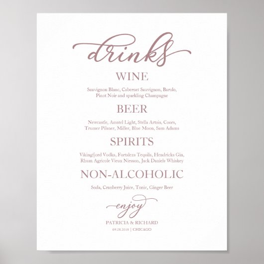 Poster Boissons Bar Rose Gold Script Mariage Signé (Devant)