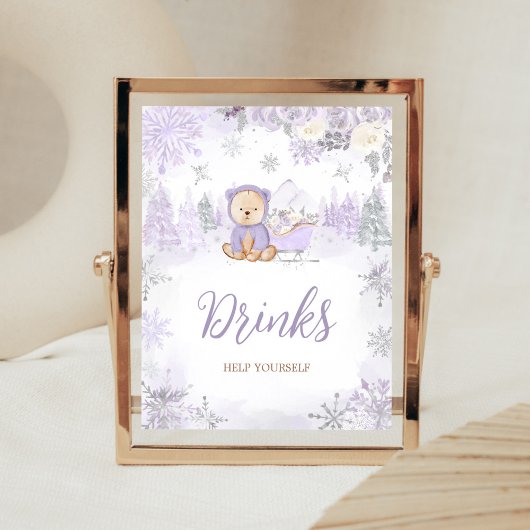 Poster Boissons de Baby shower d'ours d'hiver violet