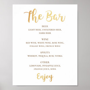 Poster Boissons de mariage de script or. Barre d'alcool s