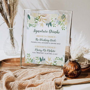 Poster Boissons de signature de mariage de verdure floral