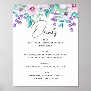 Poster Boissons mariage à l'aquarelle violet et rose