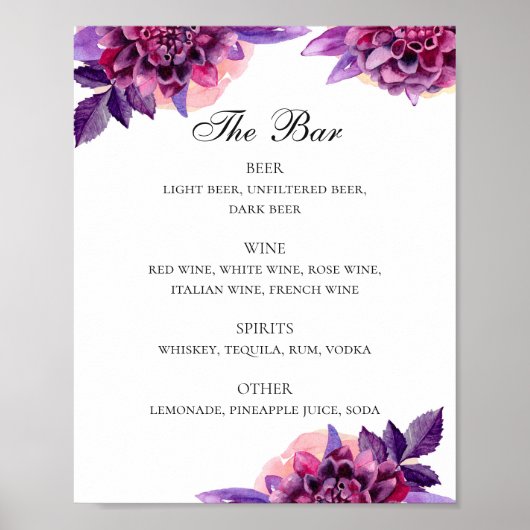 Poster Boissons mariages florales violettes menu (Devant)