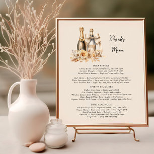 Poster Boissons Menu Bouteilles et Fleurs Mariage neutre