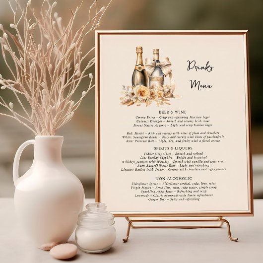 Poster Boissons Menu Bouteilles et Fleurs Mariage neutre
