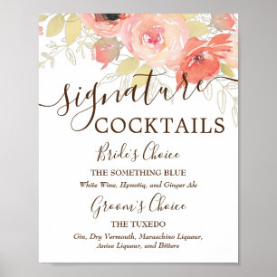 Poster Boissons Signature de Mariage Roses Rose Corail &