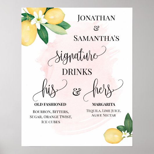 Poster Boissons Signature Mariage Réception Citrons Roses (Devant)