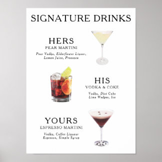 Poster Boissons Signature Menu de cocktail de mariage Aff