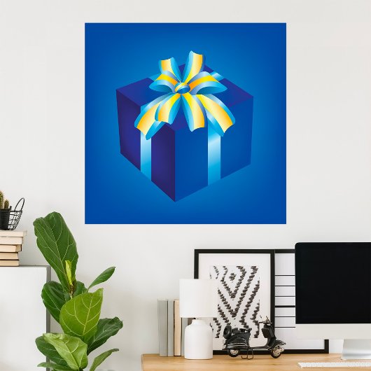 Poster Boîte cadeau bleu avec ruban jaune et Aqua