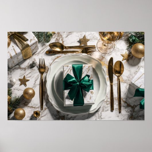 Poster Boîte cadeau de Noël avec ruban vert sur table fes (Devant)