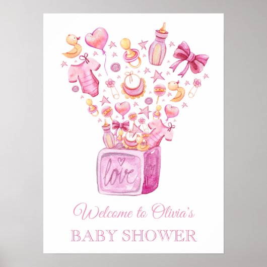 Poster Boîte surprise Baby shower fille rose Accueil Post (Devant)