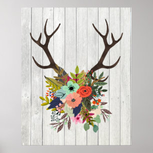 Poster Boîtiers de cerfs rustiques avec fleurs