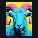 Poster Bold Ram : Neon Pop Art<br><div class="desc">Ce portrait en bélier marie les tonalités néon et l'esthétique pop art pour créer une pièce centrale captivante. Avec sa palette bleu,  rose et jaune vif,  cette oeuvre rayonne de confiance et de sophistication moderne. Parfait pour ceux qui aiment la décoration unique d'inspiration animale avec une touche contemporaine.</div>