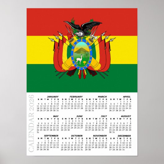Poster Bolivia 2026 Calendar, Large, Bolivian Flag (Devant)