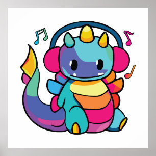 Poster Bon dragon avec écouteurs écoutant de la musique.