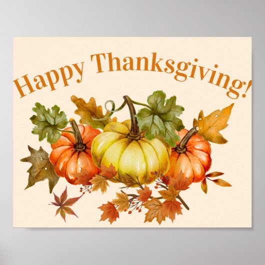 Poster Bon thanksgiving aquarelle Citrouilles et Feuilles (Devant)