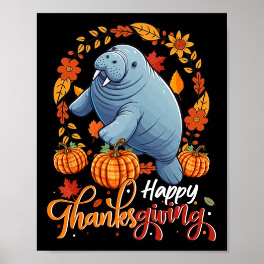 Poster Bon thanksgiving Manatee En Feuille Citrouille (Devant)