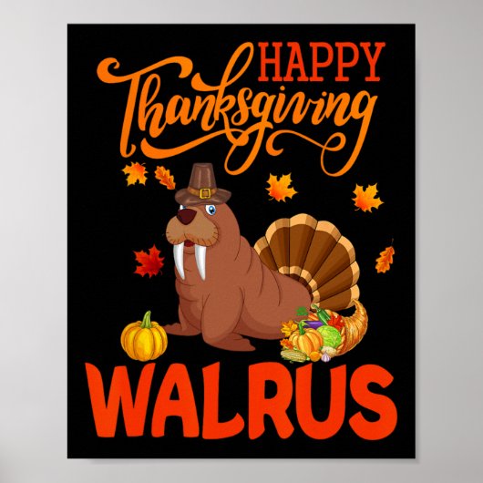 Poster Bon thanksgiving Walrus Costume Turquie Fall Leav (Devant)