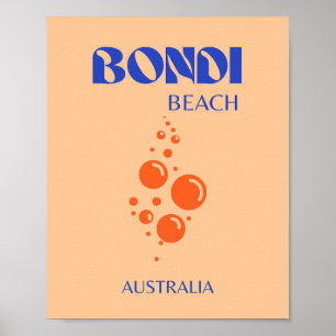 Poster Bondi Beach, Art Preppy, Orange, Bleu