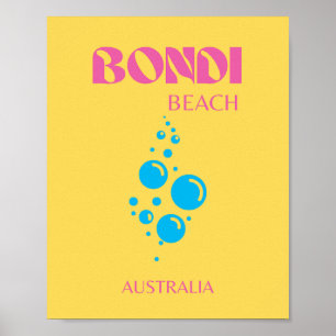 Poster Bondi Beach, Travel Art, Preppy, Jaune, Rose