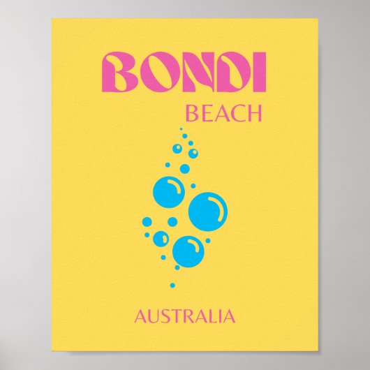 Poster Bondi Beach, Travel Art, Preppy, Jaune, Rose (Devant)