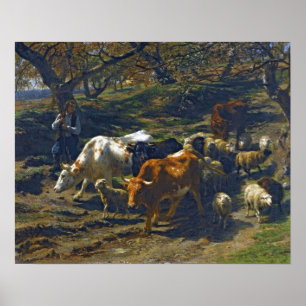 Poster Bonheur - Un berger avec son troupeau
