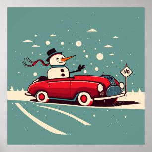 Poster bonhomme de neige au revoir à une voiture