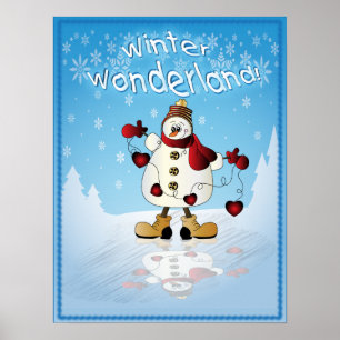 Poster Bonhomme de neige avec les coeurs rouges de Noël