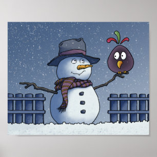 Poster Bonhomme de neige avec oiseau