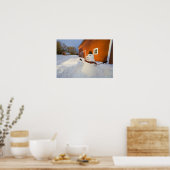 Poster Bonhomme de neige devant une grange rouge à Columb (Cuisine)