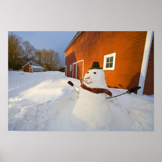Poster Bonhomme de neige devant une grange rouge à Columb (Devant)