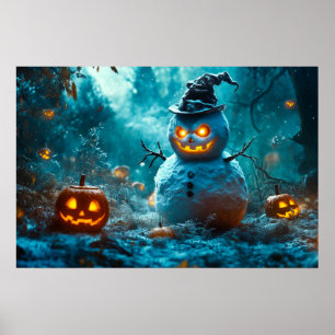 Poster Bonhomme de neige effrayant d'Halloween dans la fo