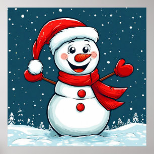 Poster Bonhomme de neige joyeux avec chapeau de Père Noël