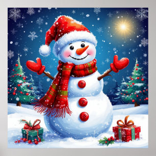 Poster Bonhomme de neige joyeux portant un chapeau de Pèr